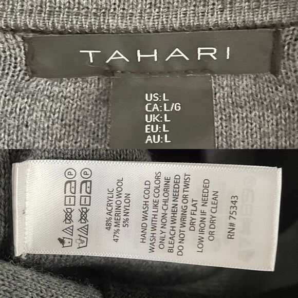 (SOLD) TAHARI Wool Long Cardigan Sweater Coat Black Gray Size L - Picture 6 of 6
